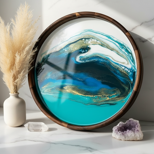 Geode Inspired Acacia Tray- Blue waves