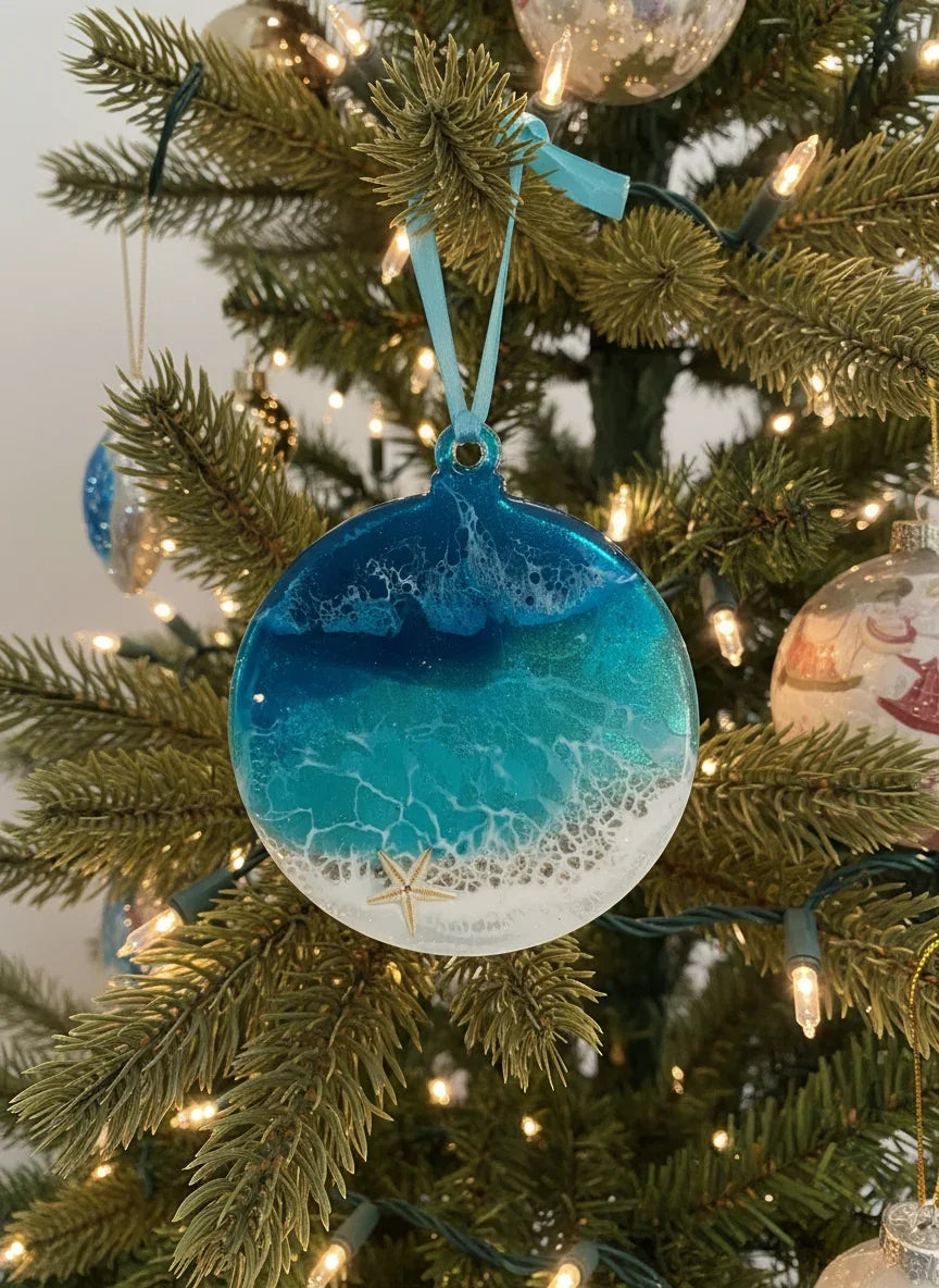 A round beach-themed Christmas ornament with a blue and white ocean wave design hangs on a decorated Christmas tree with warm lights.