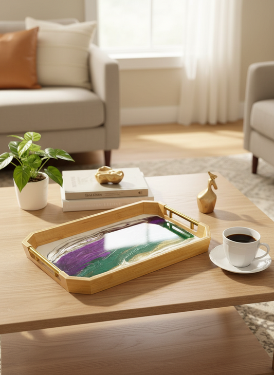 Geode Inspired Large Bamboo Tray - with metal handles