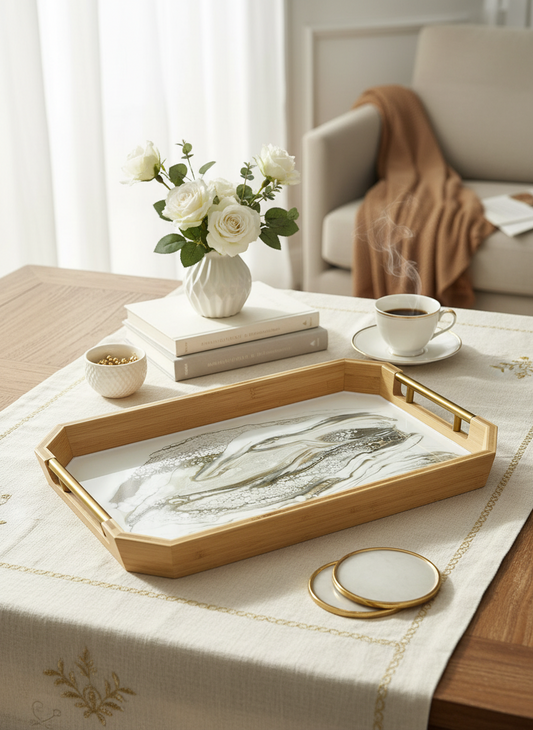 Geode Inspired Large Bamboo Tray - with metal handles