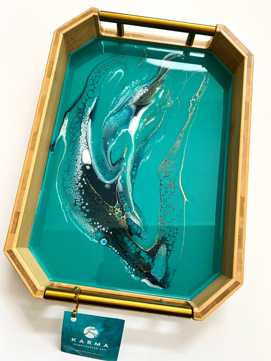 Geode Inspired Bamboo Tray - with metal handles