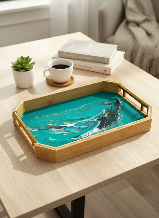 Geode Inspired Bamboo Tray - with metal handles