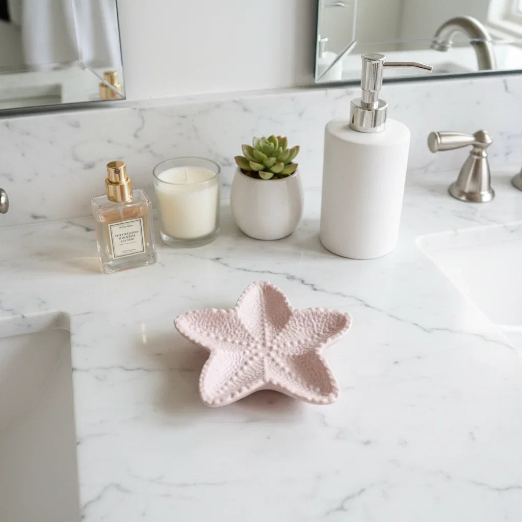 A pink starfish-shaped soap dish on a white marble bathroom counter, styled with a white pump bottle, a candle, and a small succulent.