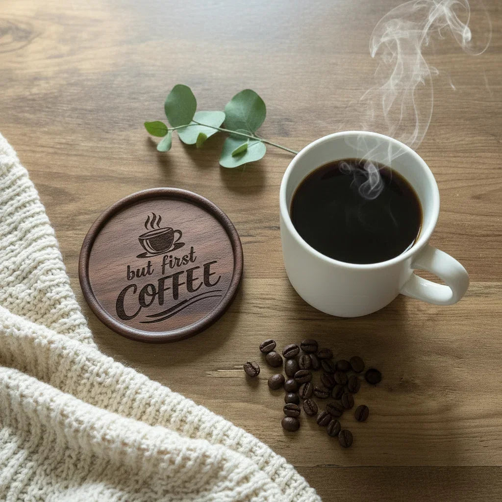 White mug with steaming coffee, wooden coaster with 'but first, COFFEE' text, coffee beans, and eucalyptus leaves on a wooden surface.