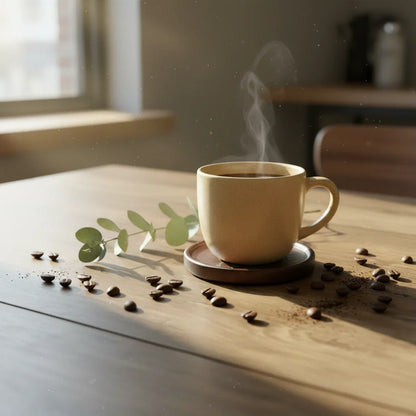 Steaming coffee cup on a wooden table with scattered coffee beans and a leaf.