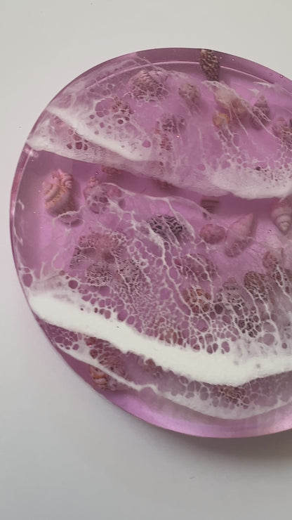 Unique handmade pink  resin ocean coaster inspired by the sea