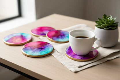 Four round coasters with colorful abstract fluid art designs in pink, purple, blue, and teal, arranged on a light wood table next to a white coffee cup, a beige napkin, and a small potted succulent.